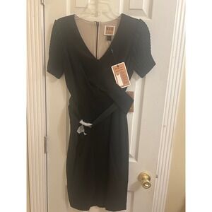 NUE by Shani Black Body Architecture Sheath Dress w/Belted Waist Short Sleeves
